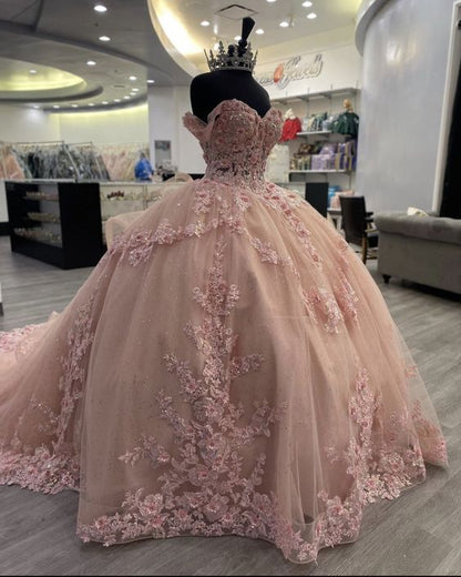 Pink Lace Long Prom Dresses, Ball Gown Sweet 16 Dresses    fg3427