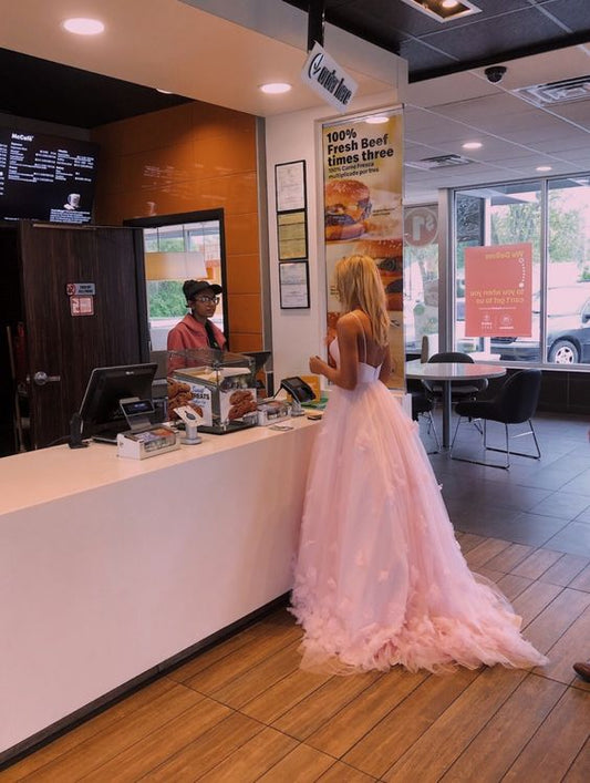 Robe de bal trapèze à fleurs, longueur au sol, sans manches, bretelles spaghetti, tulle avec plis appliqués, pour les 16 ans, fg4062