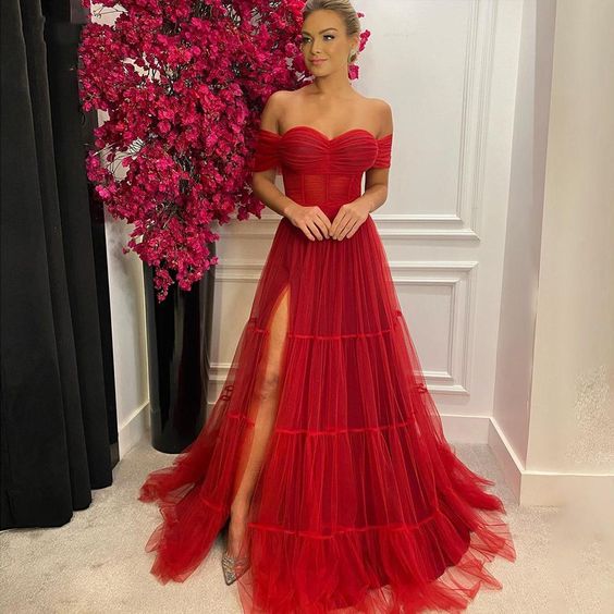Elegant Red Corset Evening Dresses Side Split A Line Long Tulle Off The Shoulder Prom Dress     fg4200