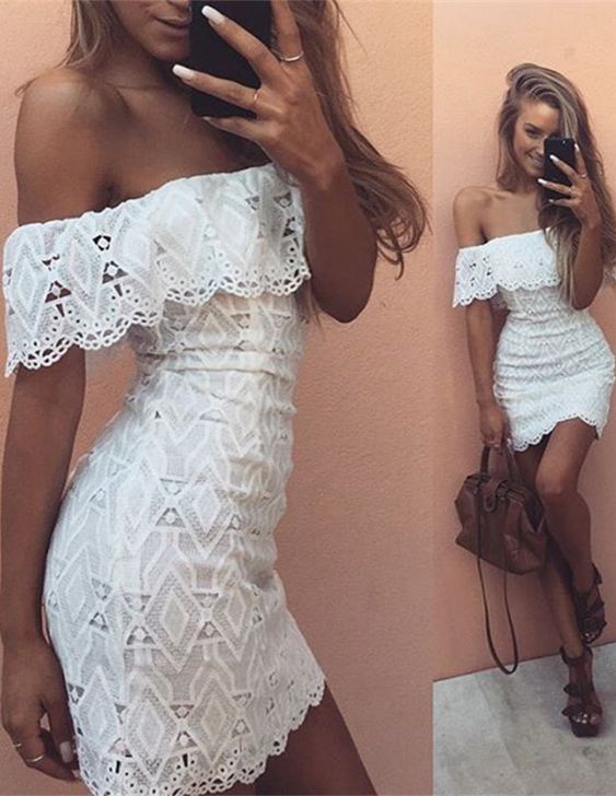 Cute White Lace Off-the-shoulder Homecoming Dress Short Prom Dress    fg3742