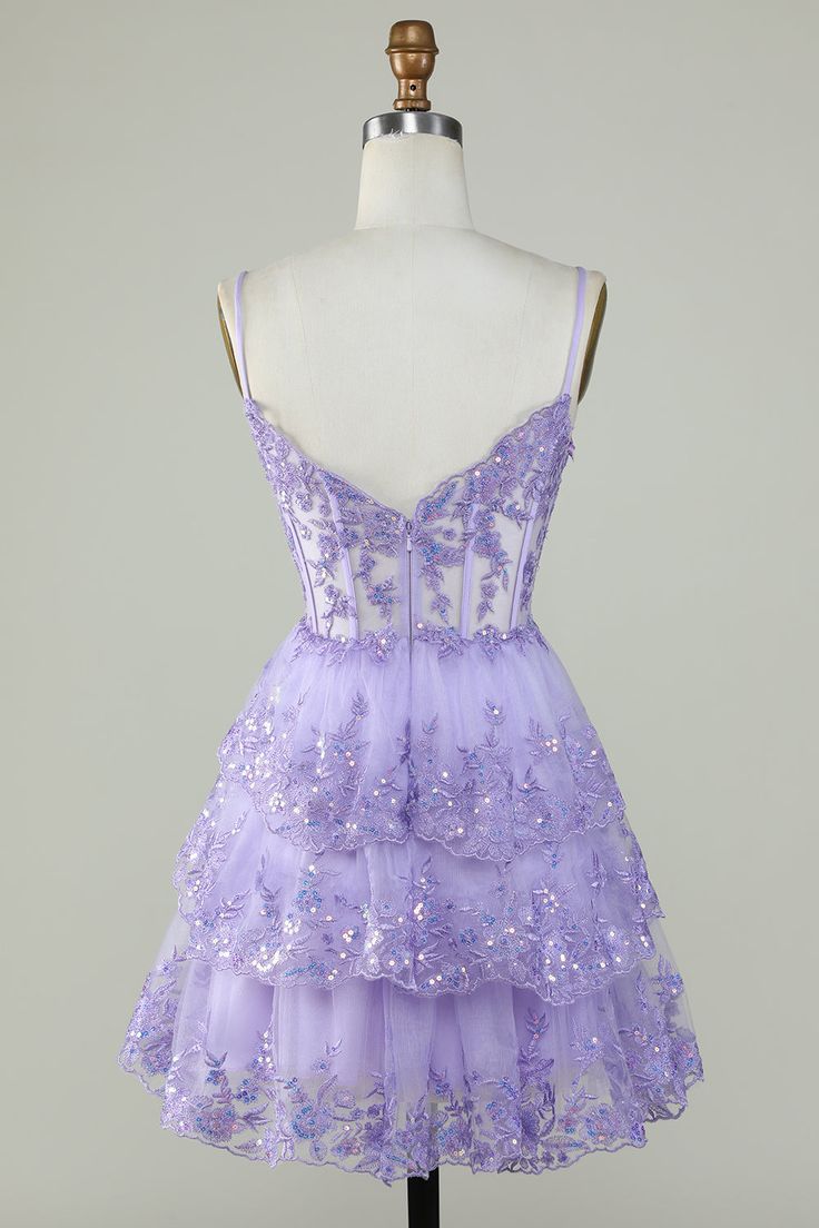 Straps Lavender Sequins Corset Layered Homecoming Dress      fg3729
