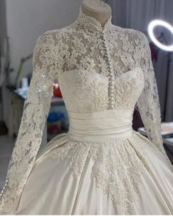 Wedding Dress 3D Flowers Pearls High Neck Lace Dresses Bridal Long Sleeve Ball Gowns For Women Ivory Muslim Engagement Dress      fg4043