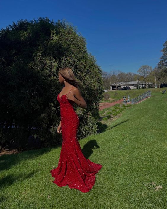 Elegant Red Sequin Evening Dresses Long Prom Dress     fg4202