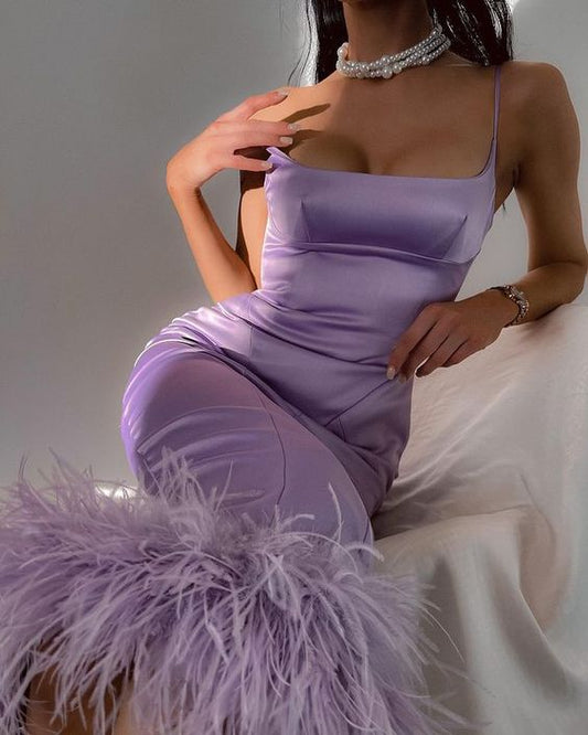 Damen Spaghettiträger Satinkleid Federsaum Ärmellos Rückenfrei Party Bodycon Kleid fg4124