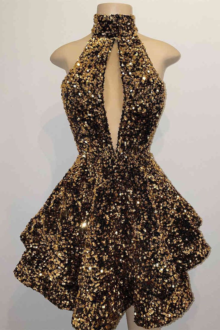 Glitter Halter Gold Sequins A-Line Short Party Dress Homecoming Dresses       fg3734