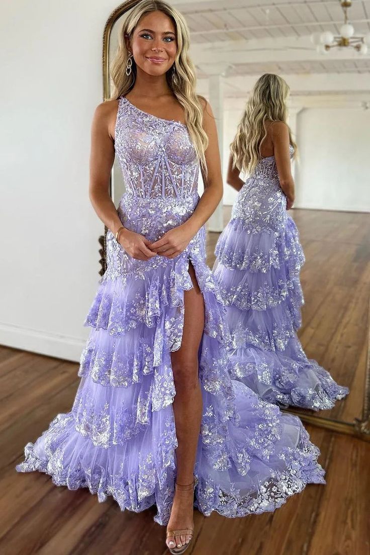 Cute A Line One Shoulder Lavender Tulle Long Prom Dresses with Sparkly Appliques        fg3967