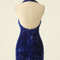 Royal Blue Sequin Halter Open Back Short Homecoming Dress    fg3516