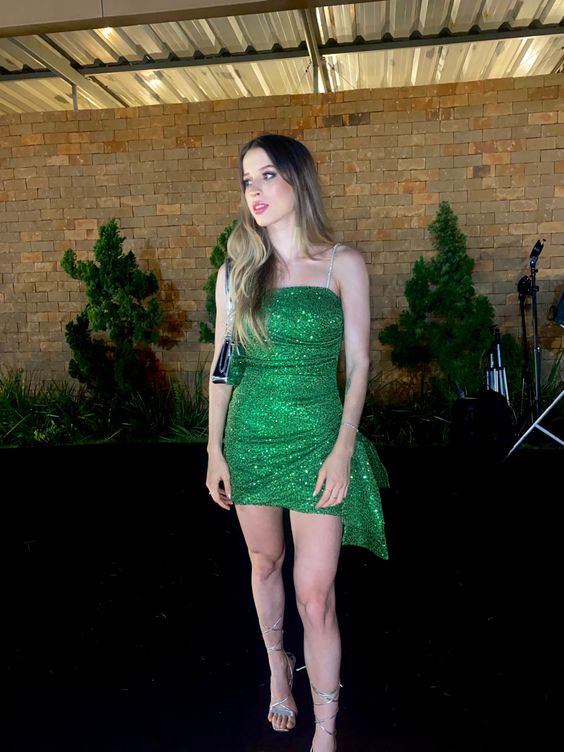 Green Sequin Spaghetti Straps Homecoming Dresses Short Prom Dresses     fg3645