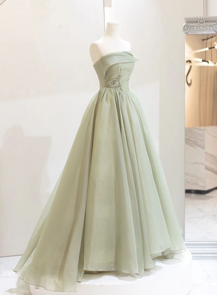 A-line Sage Green Tulle Long Prom Dress Strapless Formal Dress   fg4067