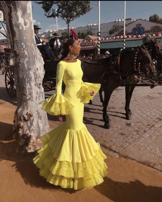 Yellow Women Mermaid Prom Dresses Spanish Ruffles Tiered Long Sleeves Evening Gowns Ceremony Formal Party Wear      fg3918