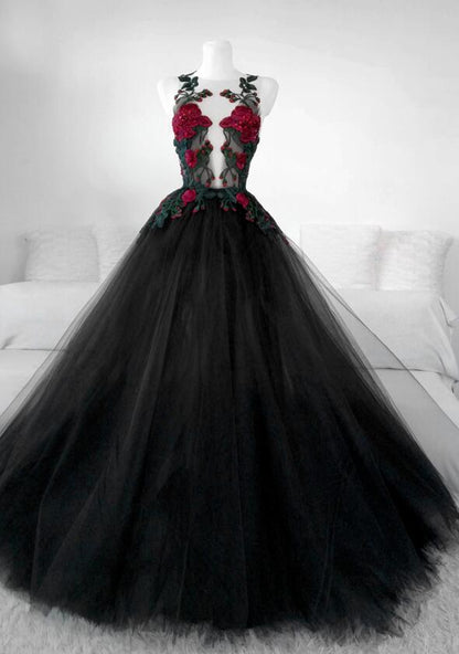 Beautiful Black Tulle With Lace Applique Long Formal Gown, Black Party Dresses      fg4175