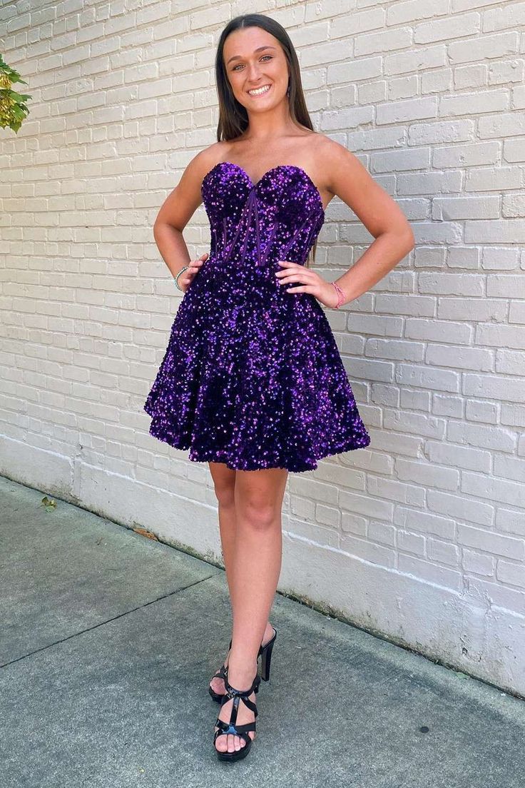 Purple Sequin Sweetheart A-Line Short Homecoming Dress with Pockets       fg3614