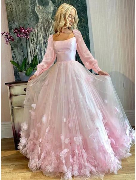 A-Line Prom Dresses Maxi Dress Sweet 16 Birthday Floor Length Long Sleeve Scoop Neck Tulle with Appliques     fg4061