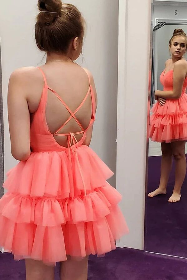 Coral A-line Soft Tulle Backless Homecoming Dresses, Short Prom Dresses     fg3417