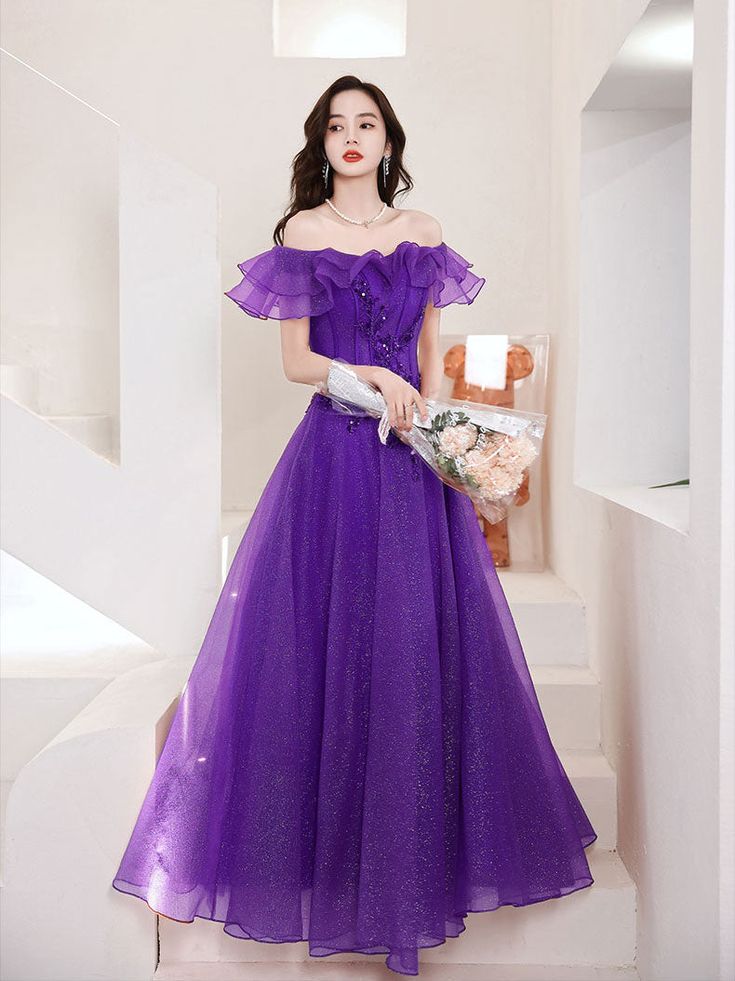 Tulle Off Shoulder Long Prom Dress, Tulle A line Evening Dress       fg3999