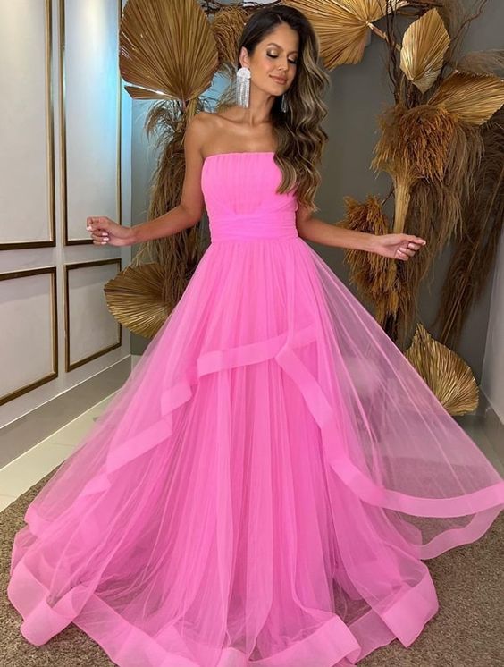 Tulle Layers Long Evening Dresses Strapless Maxi Prom Gown Floor Length Party Gowns      fg3898