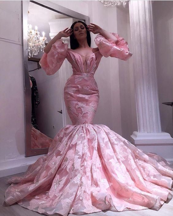 pink evening dresses long luxury embroidery appliqué mermaid flare sleeve elegant evening gown for women    fg4091