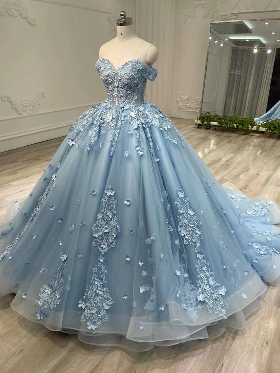 Blue Tulle Lace Long Prom Dresses, Ball Gown Blue Sweet 16 Dresses    fg3407
