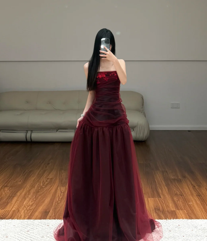 Strapless Burgundy Tulle Prom Party Dress Birthday Outfit Evening Dress fg8640