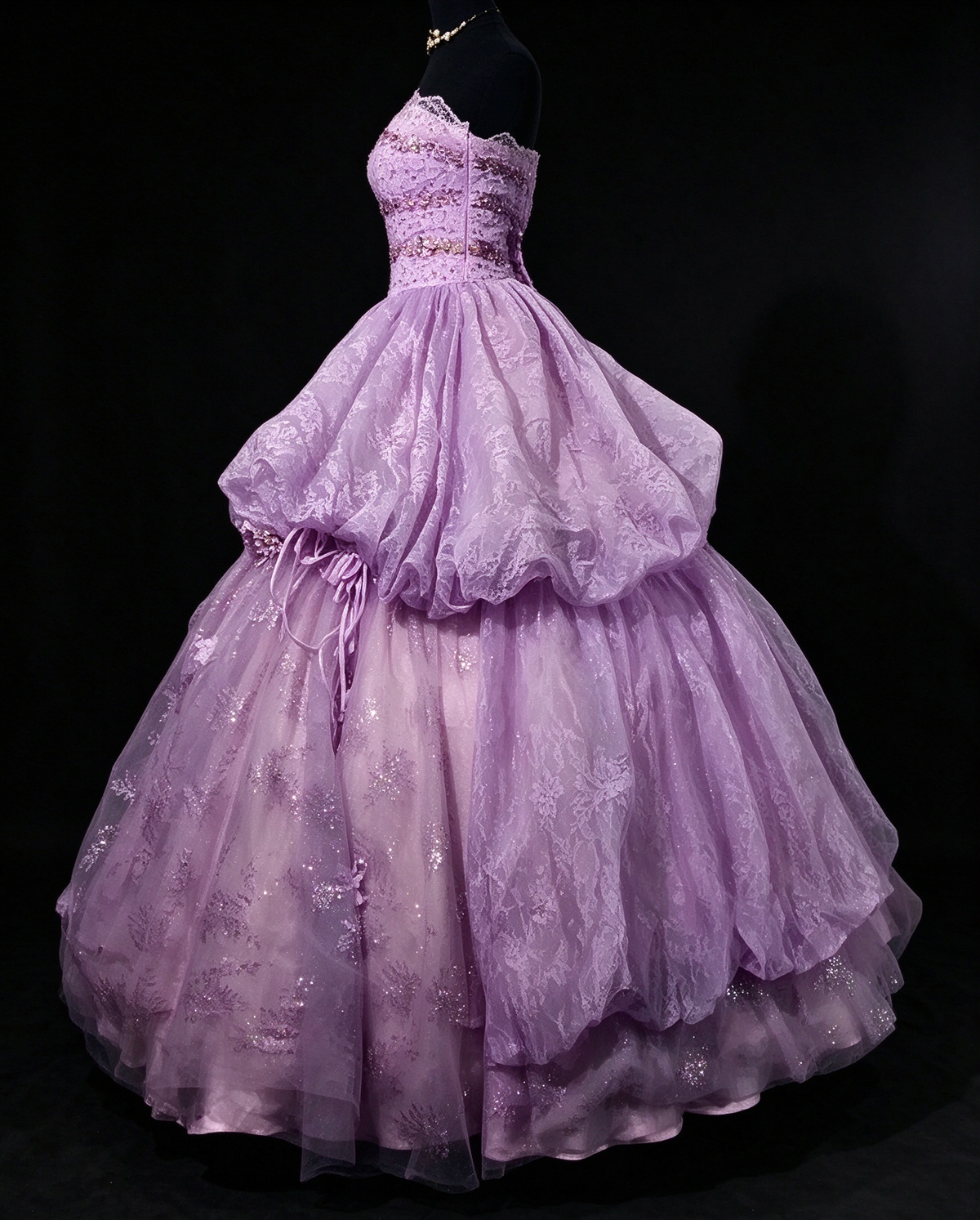 Strapless Lavender Glitter Tulle Ball Gown with Lace & Floral Accents fg8952