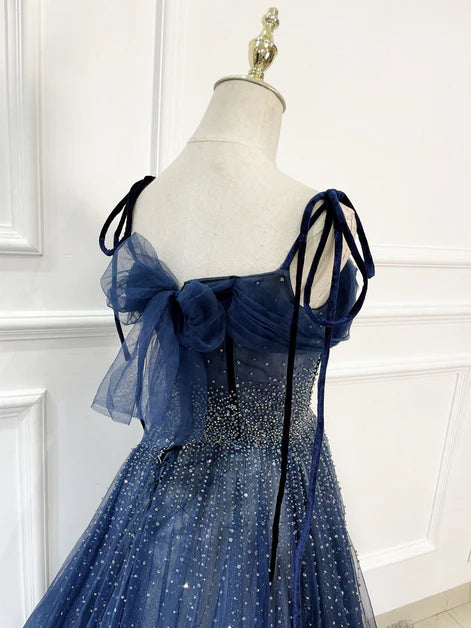 Shiny Navy Blue Tulle Straps Long Prom Dresses Party Dresses, A-line Beaded Prom Dresses      fg5018