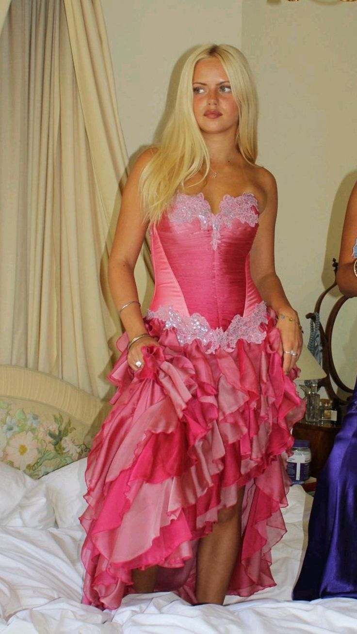 Vintage Hot Pink Lace Chiffon Ruffles Evening Dress Strapless Prom Dress fg8442