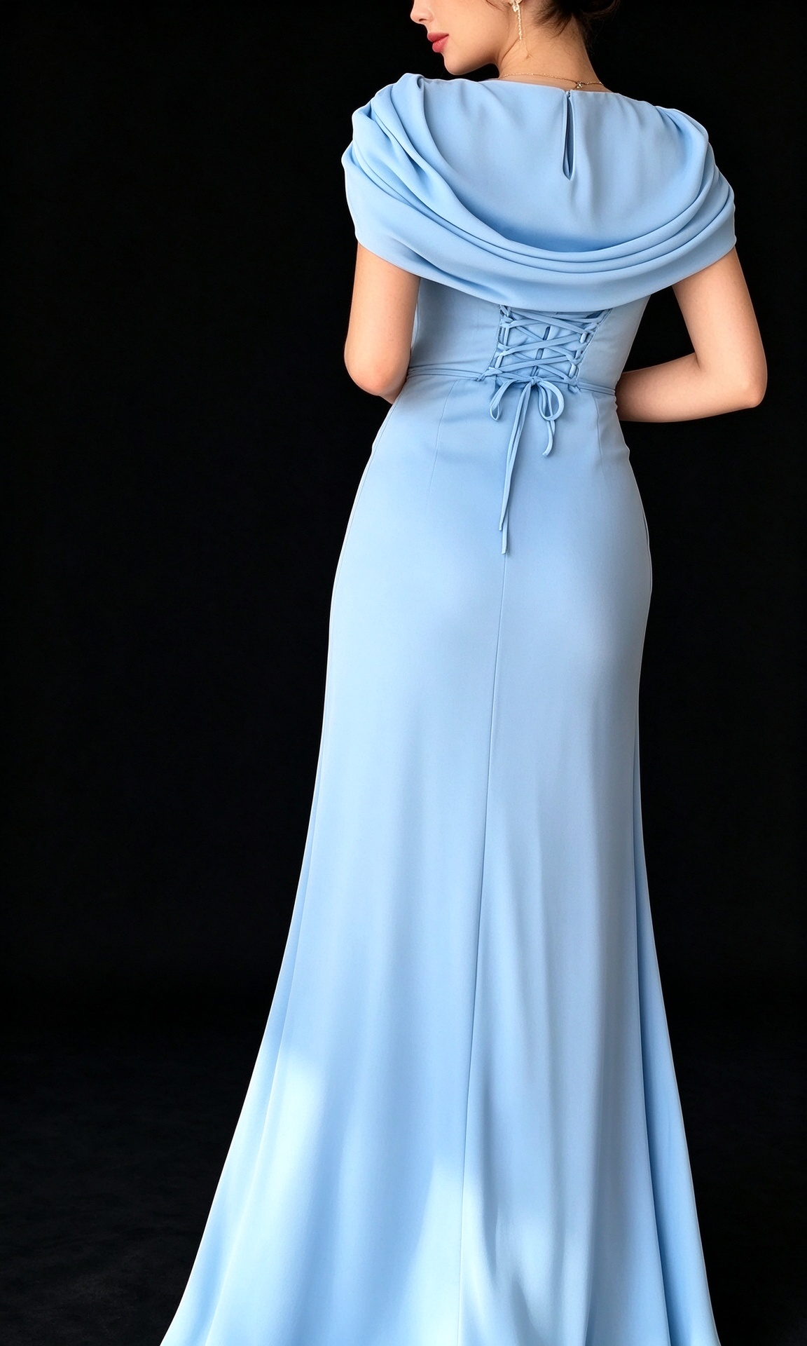 Elegant Draped Cowl Neck Light Blue Long Evening Gown With Lace-Up Back fg9009