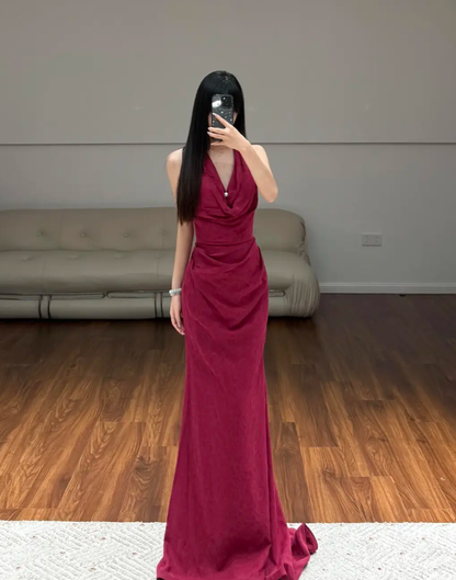 Halter Neck Burgundy Mermaid Evening Dress Birthday Outfit Prom Party Dress fg8606