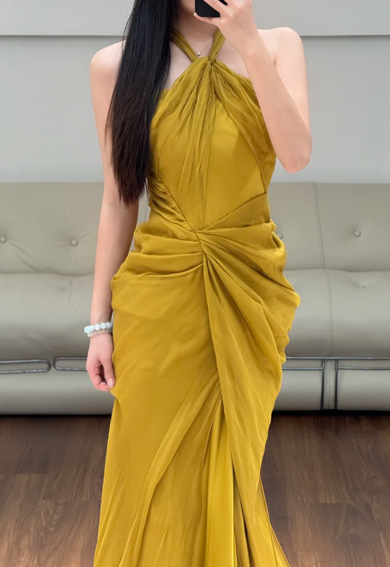 Halter Neck Yellow Prom Party Dress Evening Dress Birthday Dress fg8615