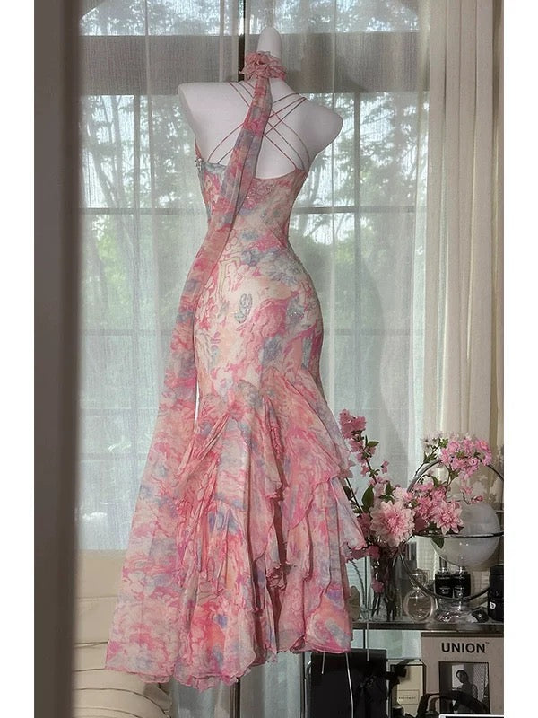 Sexy Spaghetti Straps Sleeveless Mermaid Pink Floral Chiffon Long Prom Dresses    fg4946