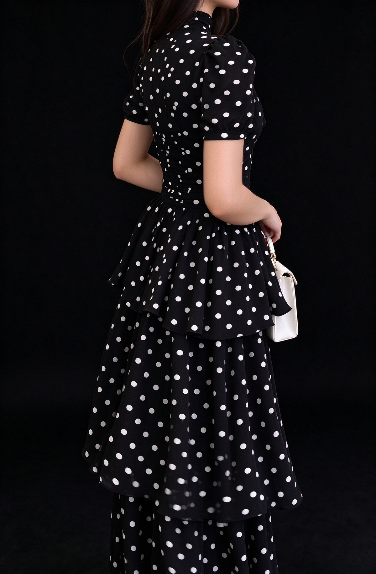 Vintage Black White Polka Dot High Neck Puff Sleeve Tiered Long Evening Dress fg9010