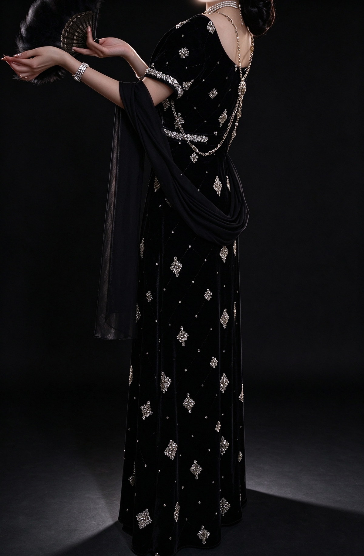 Black Square Neck Velvet Beaded Evening Dress With Chiffon Drape fg8978