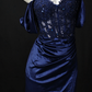 Off-Shoulder Beaded Navy Satin Mermaid Evening Dress with Slit, Formal Prom Gown fg8934