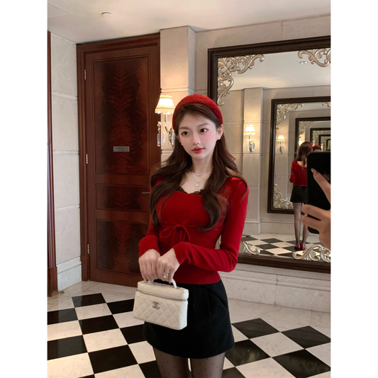 Lace Faux Two-Piece Wool Slim Fit Knit Top  A44