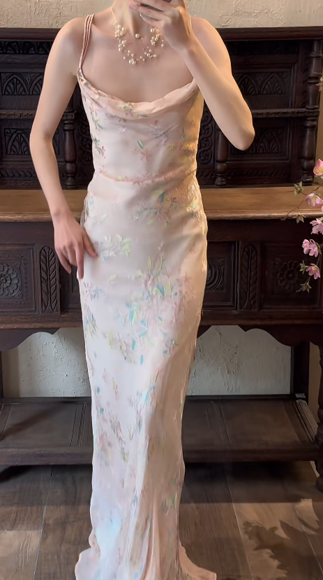 Sheath Pink Chiffon Prom Party Dress Vintage Flora Evening Dress  fg8697