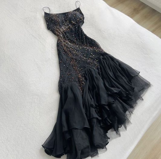 Mermaid Spaghetti Straps Black Tulle Long Prom Dresses Evening Dress  fg8519