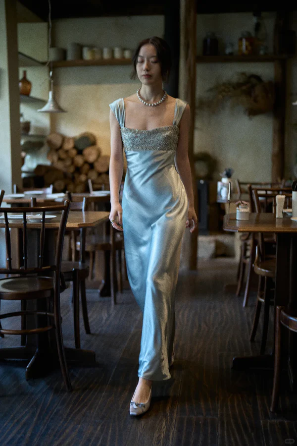 Elegant Blue A Line Straps Beaded Satin Long Prom Dress Evening  Dress fg8690