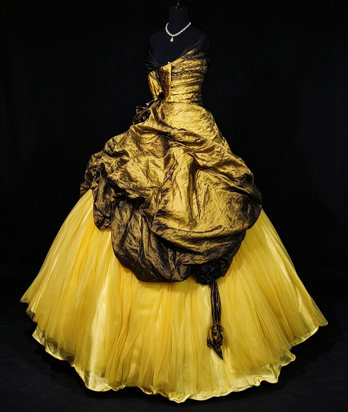 Strapless Gold Crinkled Lamé Ball Gown with Draped Overlay & Bright Yellow Tulle Skirt fg8956