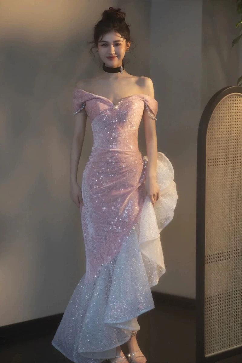 Meerjungfrau-Ballkleid mit schulterfreiem Schnitt und Pailletten, glitzernde Abendkleider fg5081