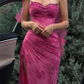 Pink Lace Prom Dress Sweetheart Neck Evening Dress With Slit  fg8226