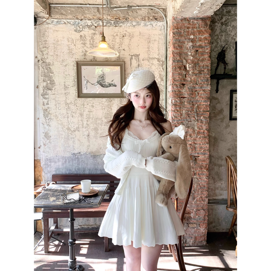 French-style lace knit dress for women, autumn and winter coat set A13