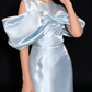 Light Blue Satin Midi Evening Dress With Big Bow Off Shoulder fg9012