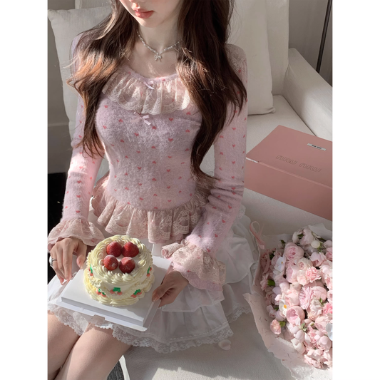 Pink Heart Lace Base Layer Top for Women, Autumn and Winter A32