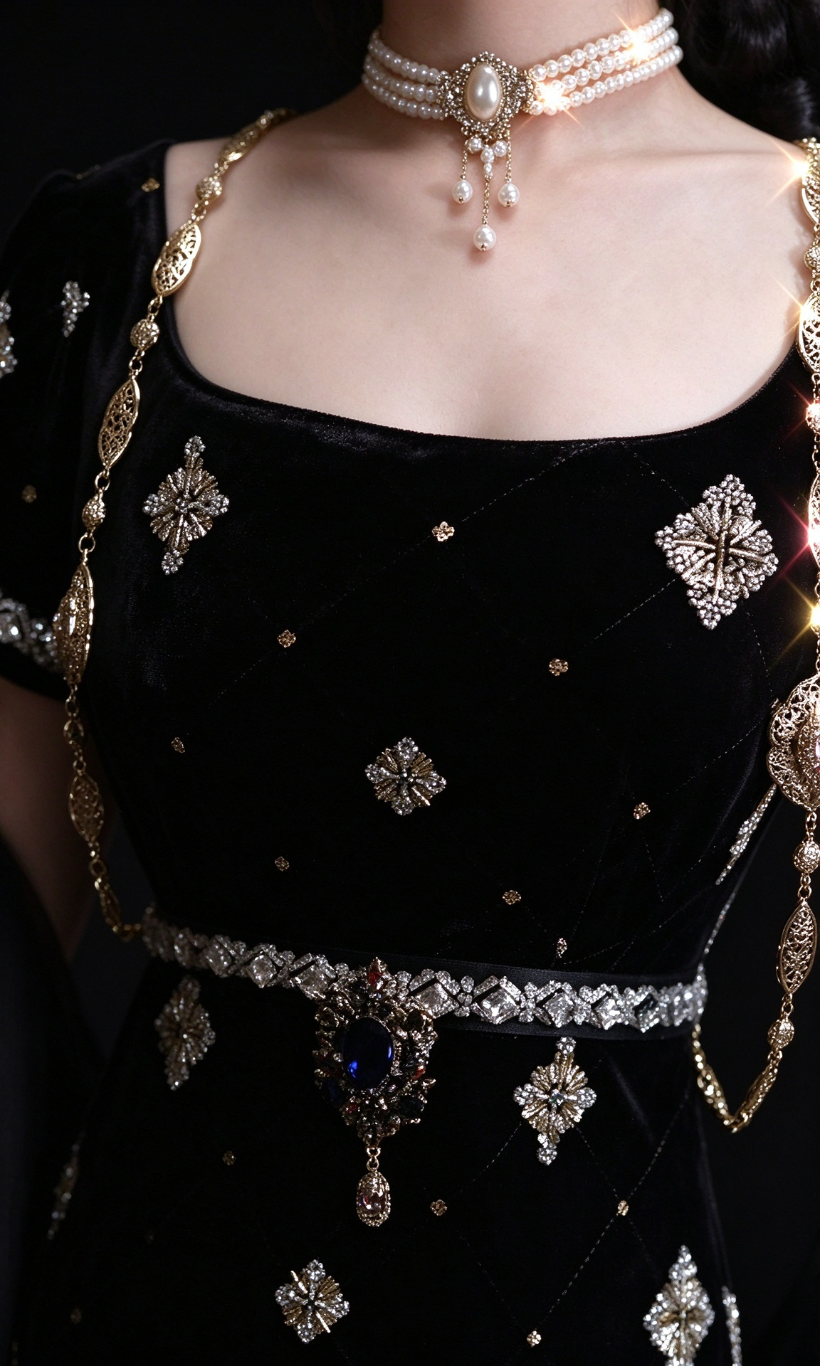 Black Square Neck Velvet Beaded Evening Dress With Chiffon Drape fg8978