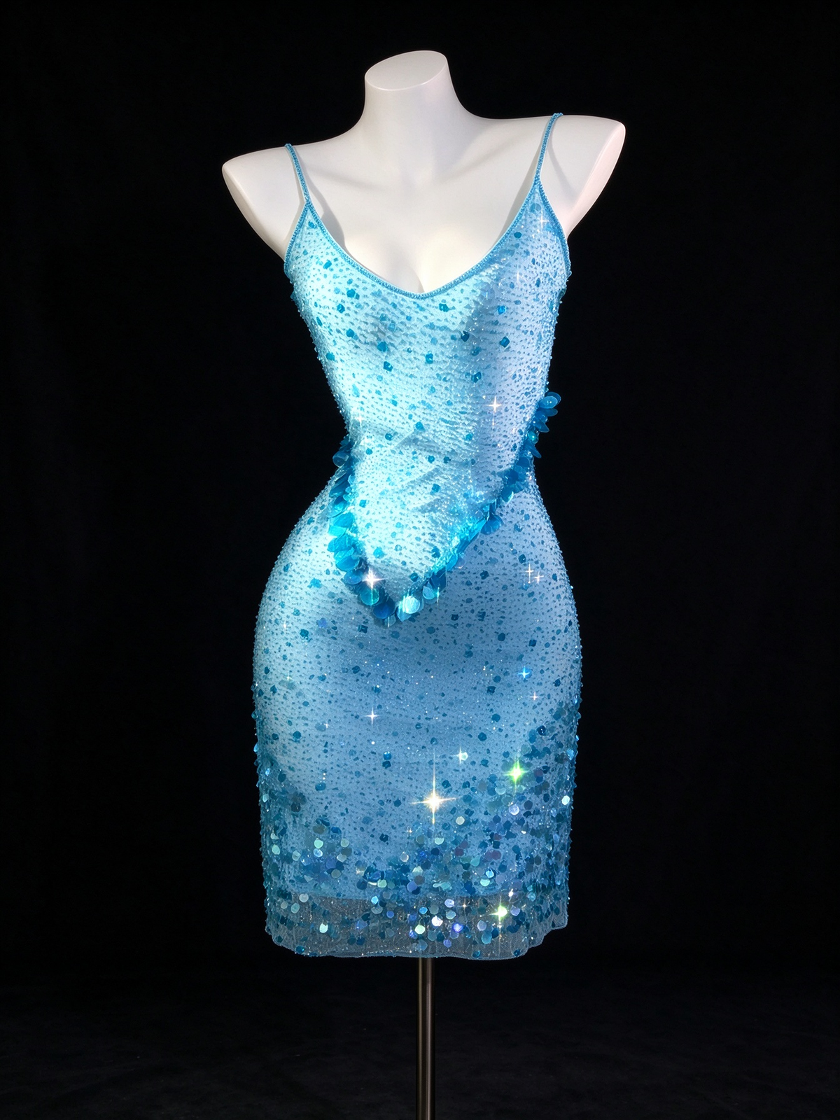 Light Blue Spaghetti Strap V Neck Sequin Short Bodycon Evening Dress fg9136