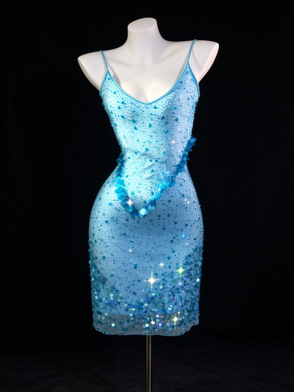 Light Blue Spaghetti Strap V Neck Sequin Short Bodycon Evening Dress fg9136