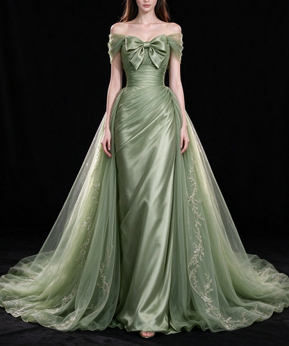 Sage Green Off Shoulder Bow Satin Tulle A Line Evening Gown fg9076