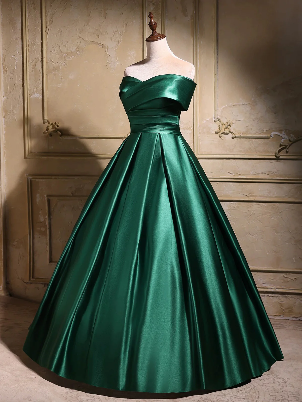 Elegant Emerald Green Satin Off-Shoulder Prom Dress, Long A-Line Formal Dress  fg8742
