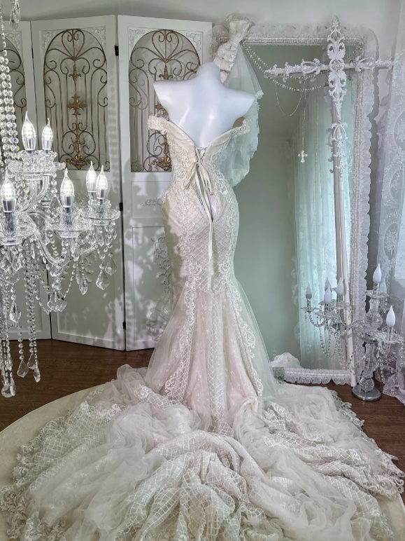 Off The Shoulder Lace Wedding Dress Ivory Wedding Gown fg8657