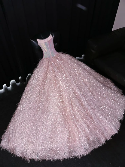 Exquisite Pink Beaded Feather Ball Gown Tulle Prom Dress Party Dress  fg8558